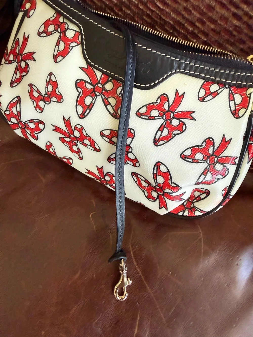 Dooney & Bourke Red and White Bow-Print Shoulder Bag with Black Trim
